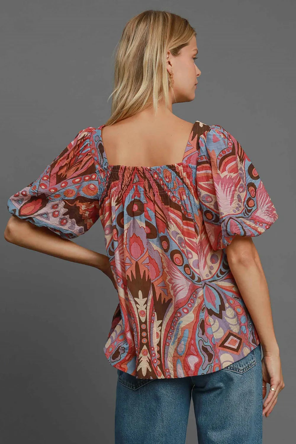 Image of Umgee Full Size Abstract Print Smocked Square Neck Puff Sleeve Blouse | Queeble.shop