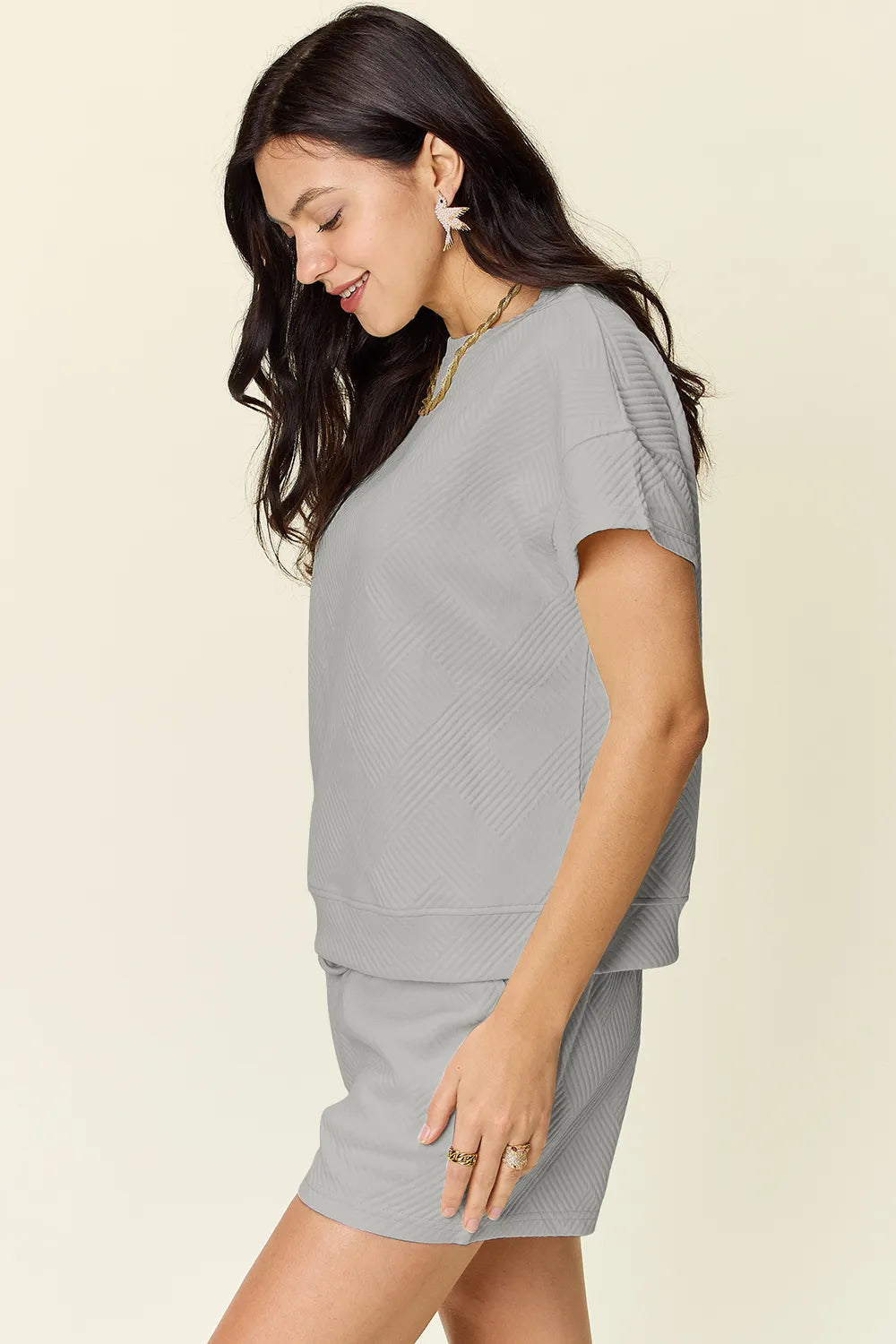 Image of Double Take Full Size Texture Short Sleeve T-Shirt and Drawstring Shorts Set | Queeble.shop