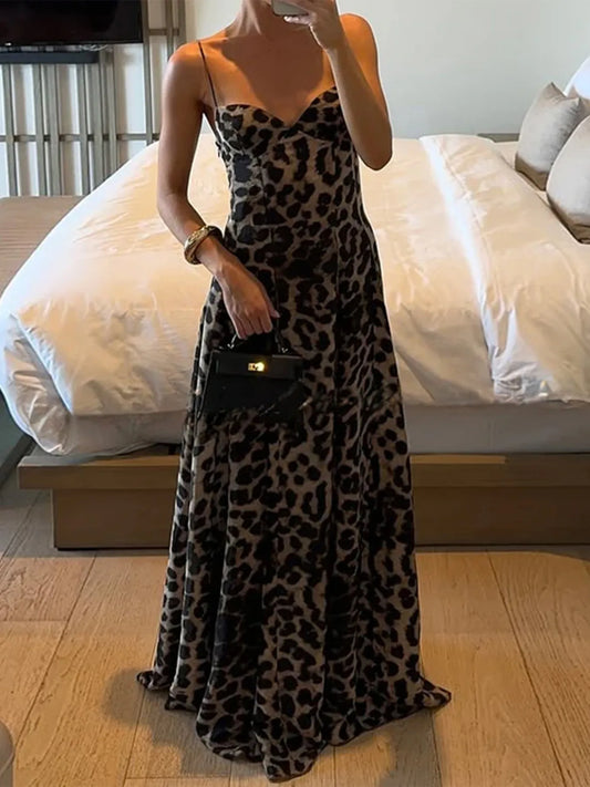 Image of Leopard Print Sweetheart Neck Maxi Cami Dress | Queeble.shop