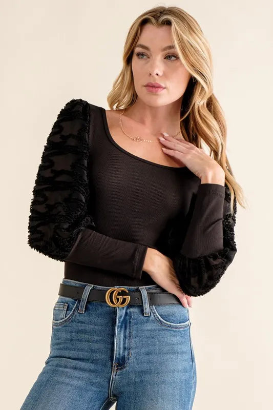 Image of And The Why Textured Puff Sleeve Bodysuit | Queeble.shop