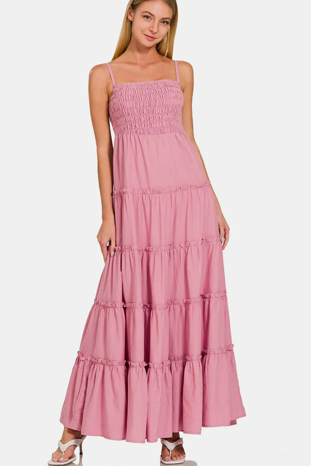 Image of Zenana Woven Smocked Tiered Cami Maxi Dress | Queeble.shop