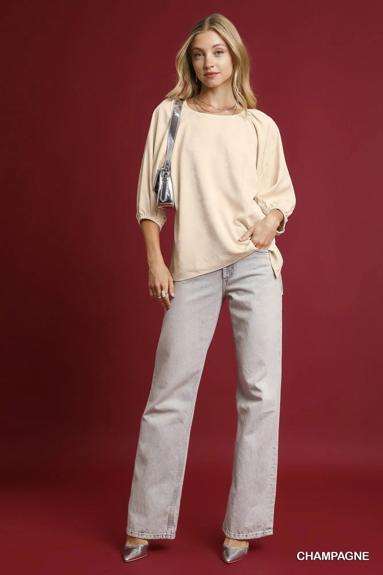 Image of Umgee Satin Jacquard Balloon Sleeve Blouse | Queeble.shop