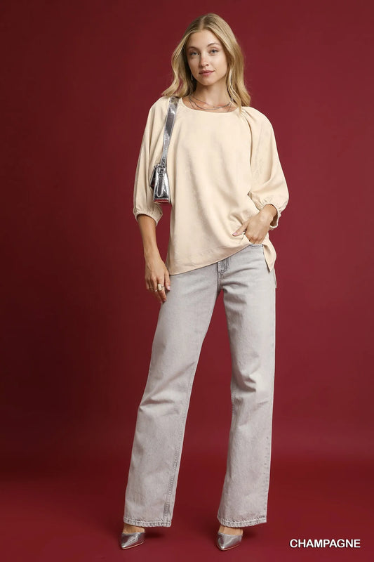 Image of Umgee Satin Jacquard Balloon Sleeve Blouse | Queeble.shop