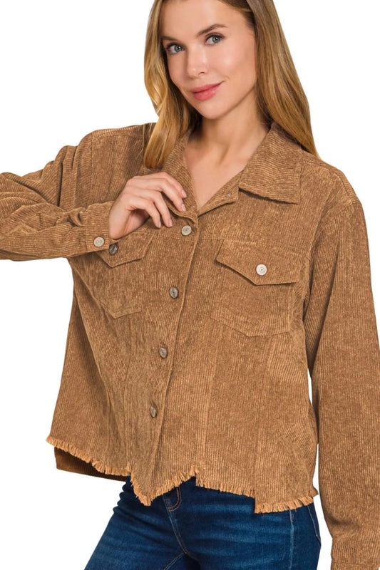Image of Zenana Distressed Corduroy Frayed Hem Cropped Jacket | Queeble.shop