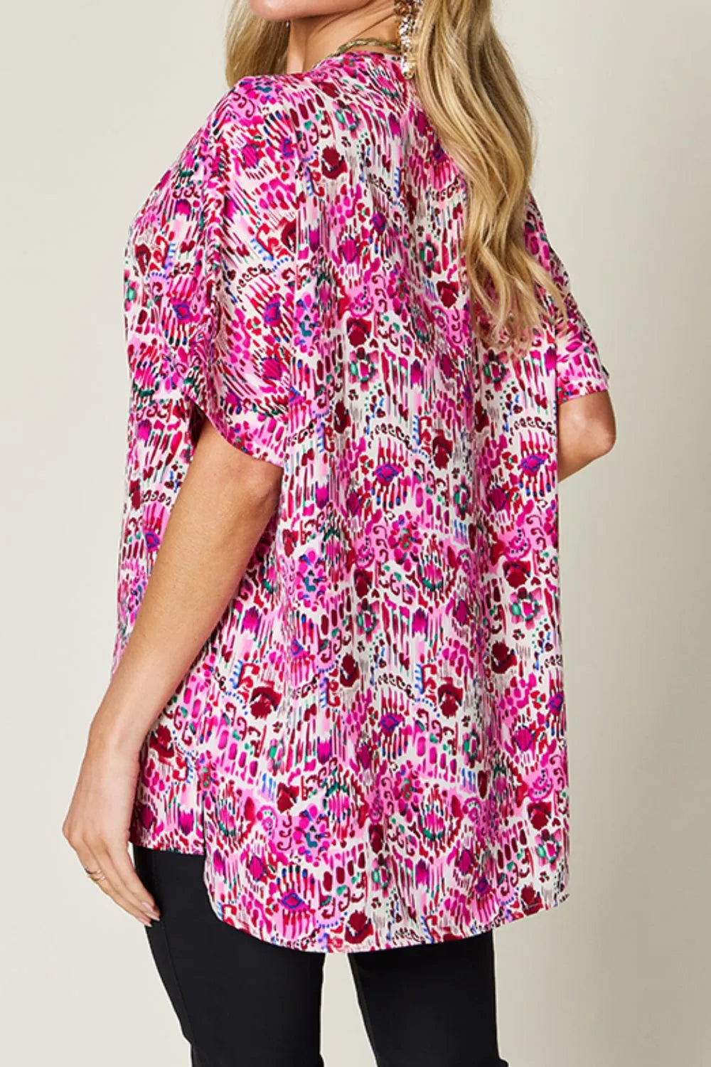 Image of Double Take Full Size Printed V-Neck Short Sleeve Blouse | Queeble.shop