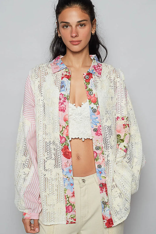 Image of POL Lace Long Sleeve Shirt with Floral and Striped Pattern | Queeble.shop