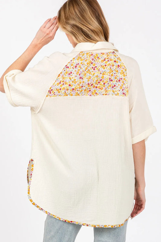 Image of SAGE + FIG Full Size Floral Detail Button Up Short Sleeve Shirt | Queeble.shop