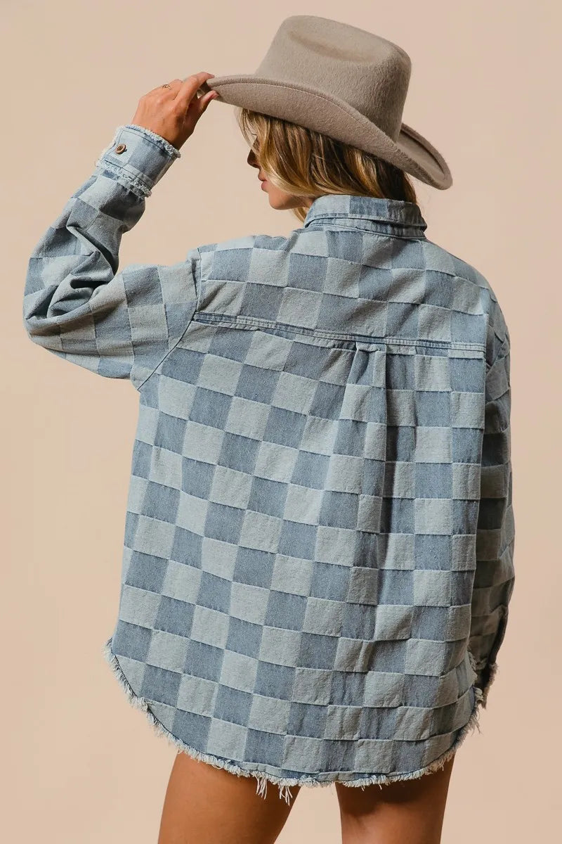Image of BiBi Frayed Edged Detail Washed Checker Denim Shirt | Queeble.shop