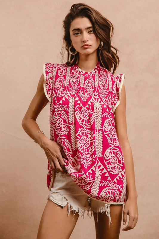 Image of BiBi Printed Ruffle Sleeve Top | Queeble.shop