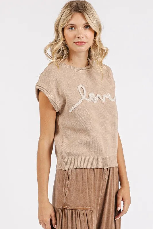 Image of Mittoshop Contrast Letter Round Neck Cap Sleeve Knit Top | Queeble.shop