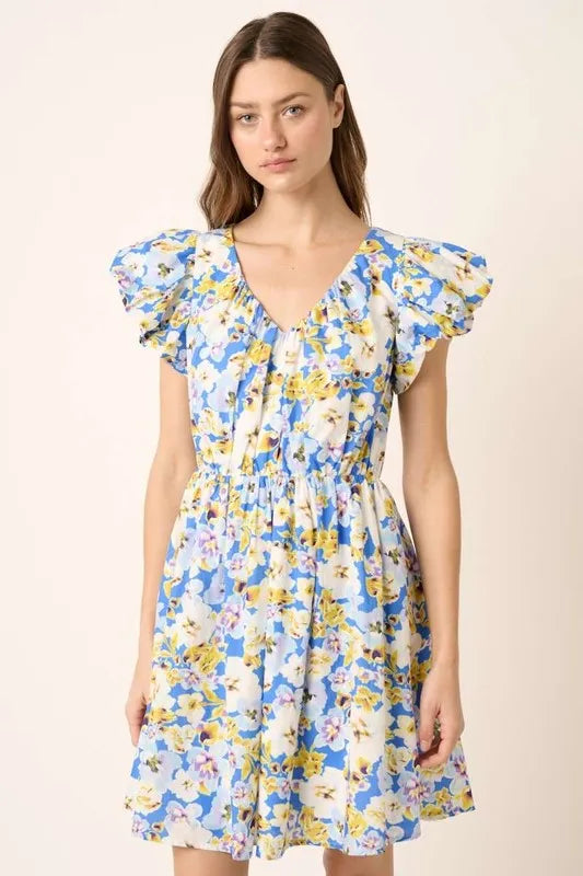 Image of Mittoshop Floral V-Neck Cap Sleeve Mini Dress | Queeble.shop