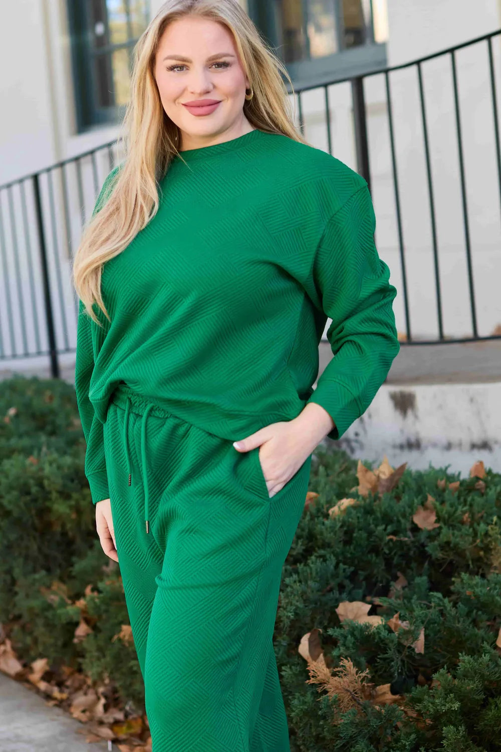 Image of Double Take Full Size Textured Long Sleeve Top and Drawstring Pants Set | Queeble.shop