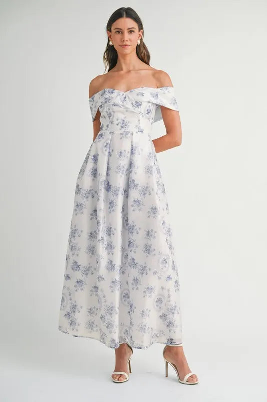 Image of MABLE Floral Printed Off Shoulder Maxi Dress | Queeble.shop