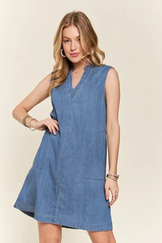 Image of ADORA Notched Sleeveless Denim Dress with Pockets | Queeble.shop