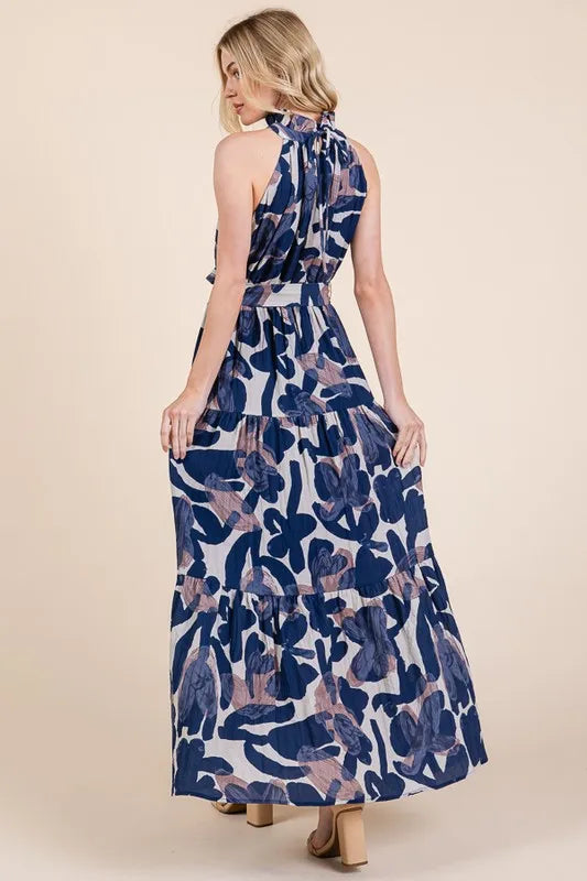 Image of Lime 'N' Chili Abstract Halter Neck Tie-Waist Tiered Maxi Dress | Queeble.shop