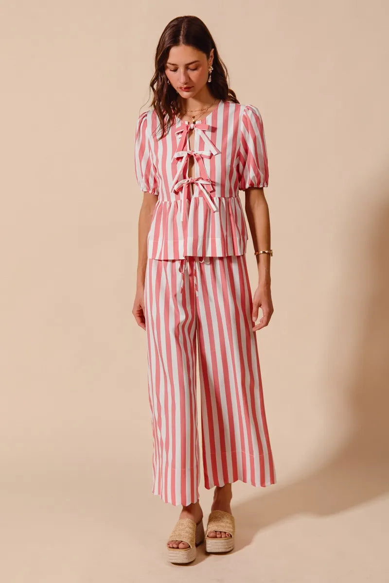 Image of SO ME Front Tie Stripe Top With Puff Sleeves and Wide Leg Pants Set | Queeble.shop