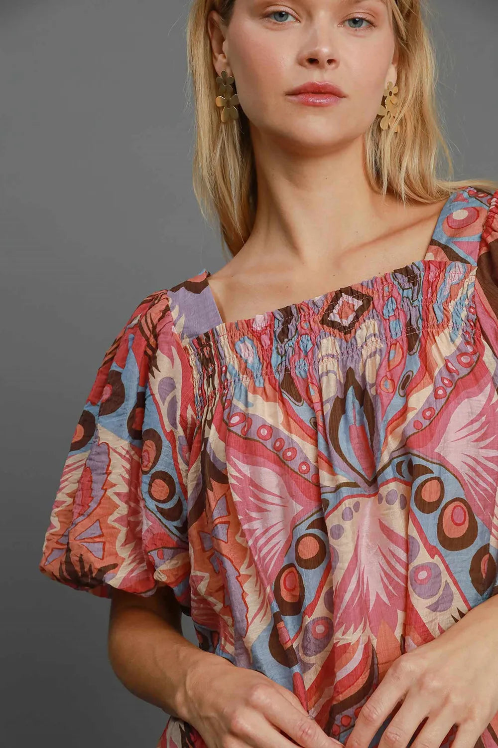 Image of Umgee Full Size Abstract Print Smocked Square Neck Puff Sleeve Blouse | Queeble.shop