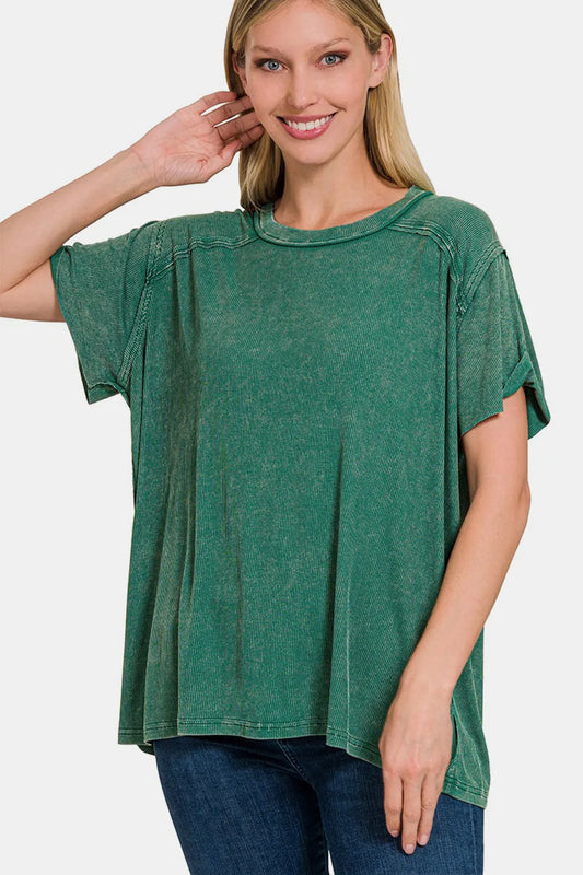 Image of Zenana Washed Ribbed Short Sleeve Top | Queeble.shop