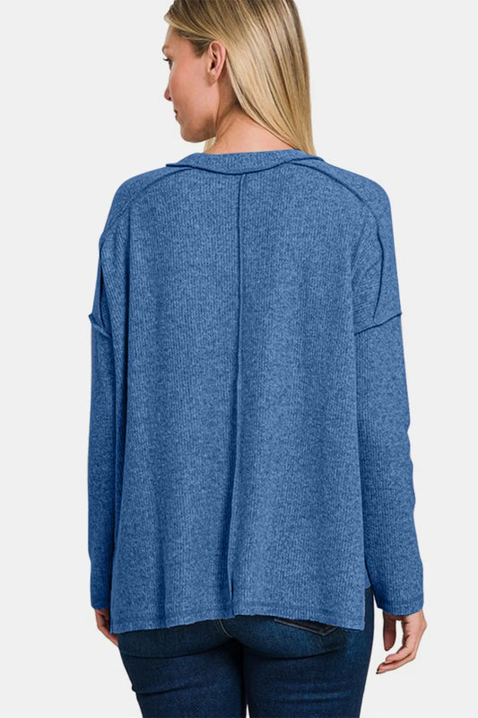 Image of Zenana Full Size Exposed Seam Brushed Round Neck Sweater | Queeble.shop