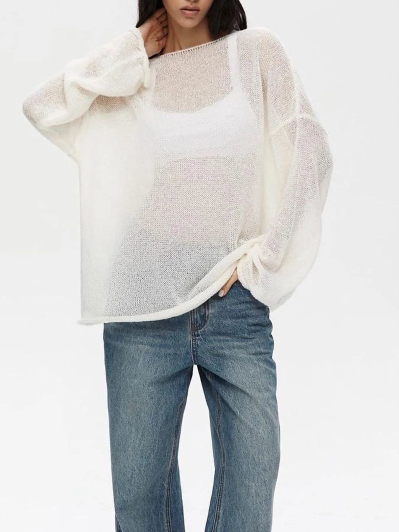 Image of Oversized Drop Shoulder Sheer Knit Top | Queeble.shop