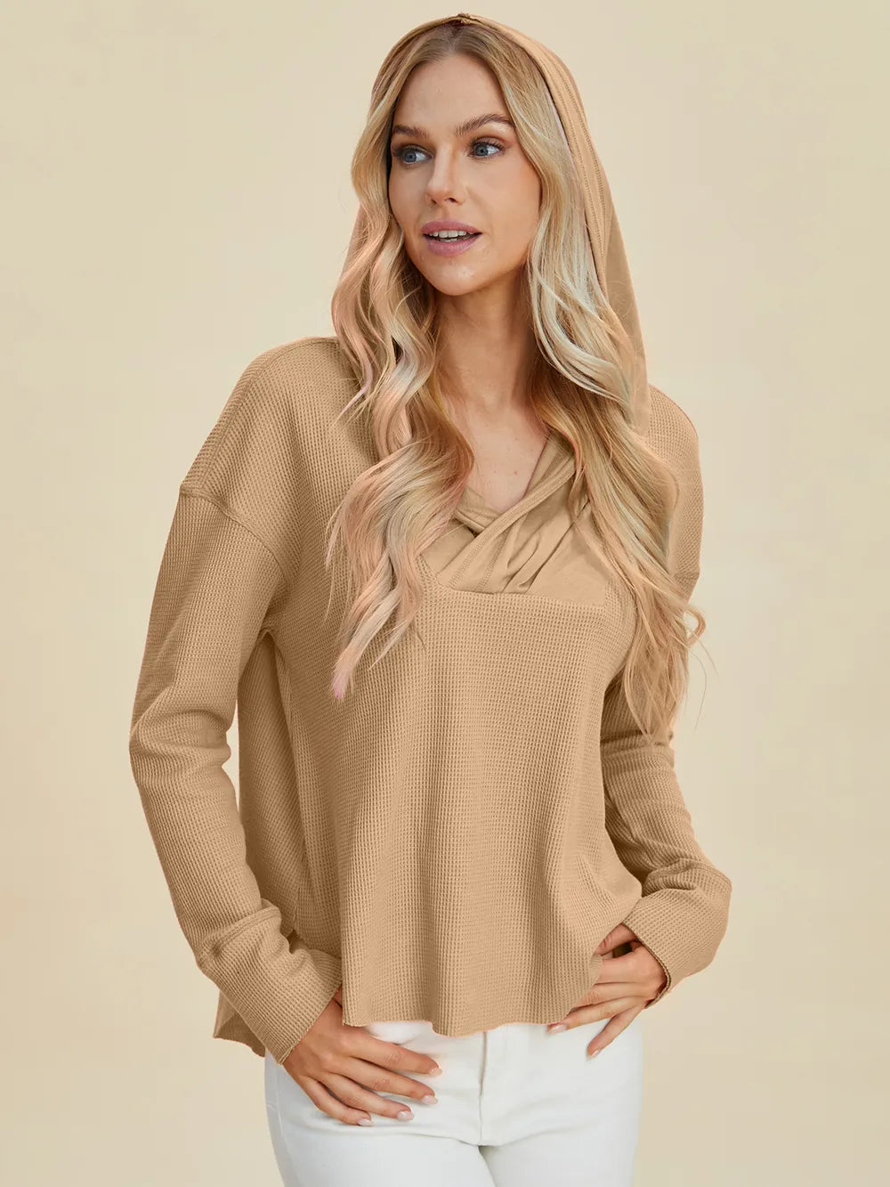 Image of Double Take Full Size High-Low Dropped Shoulder Long Sleeve Hoodie | Queeble.shop