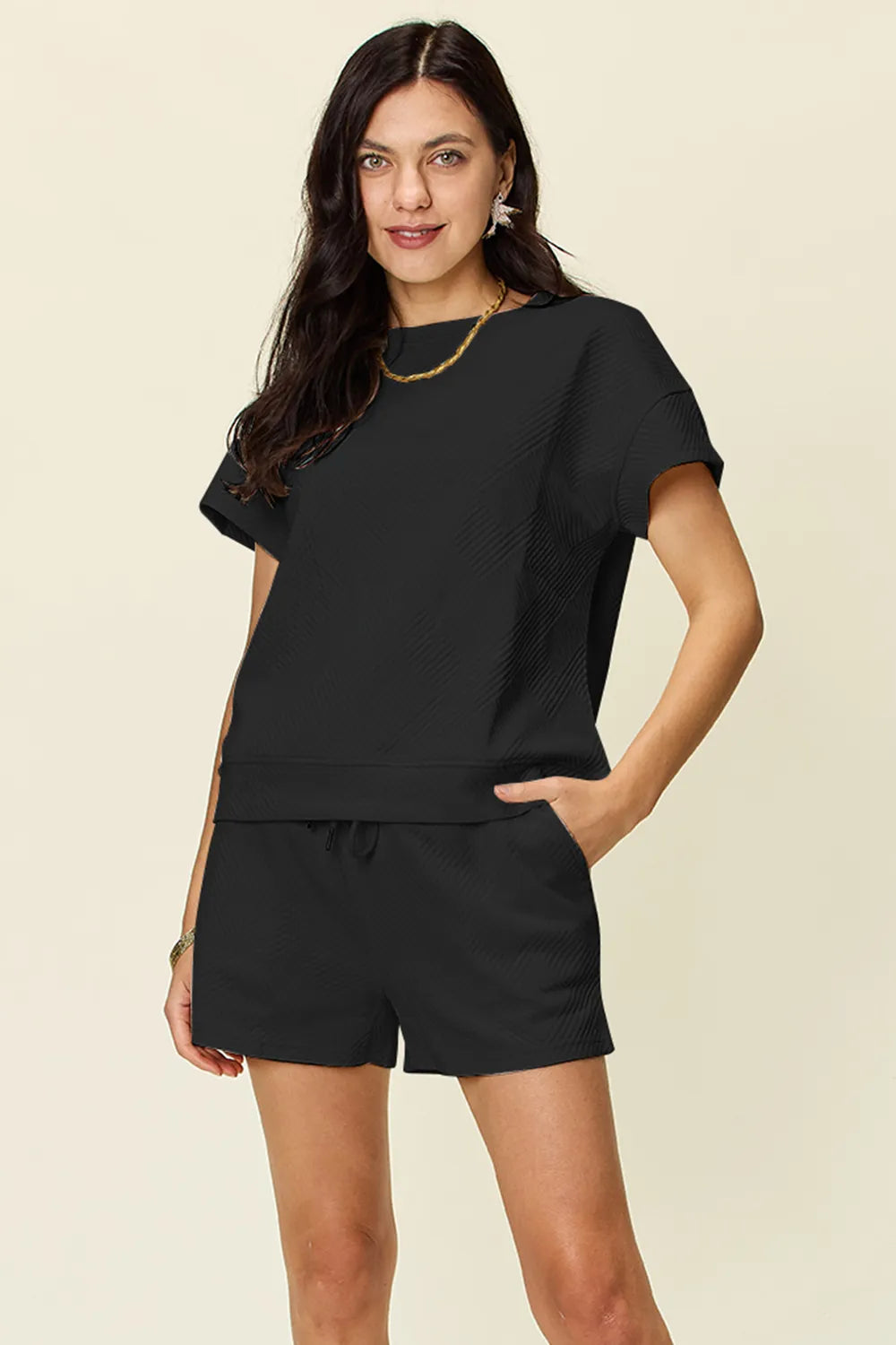 Image of Double Take Full Size Texture Short Sleeve T-Shirt and Drawstring Shorts Set | Queeble.shop