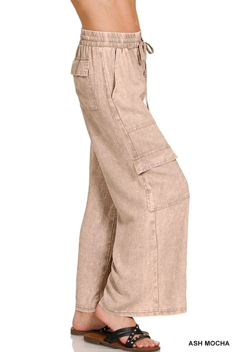 Image of Zenana Washed Linen Elastic Band Waist Cargo Pants | Queeble.shop