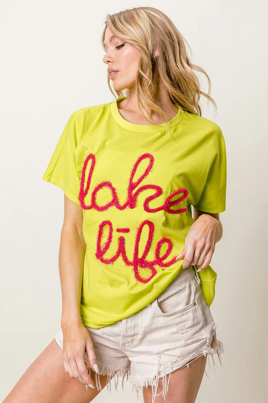 Image of BiBi Metallic Letter Short Dolman Sleeve Top | Queeble.shop
