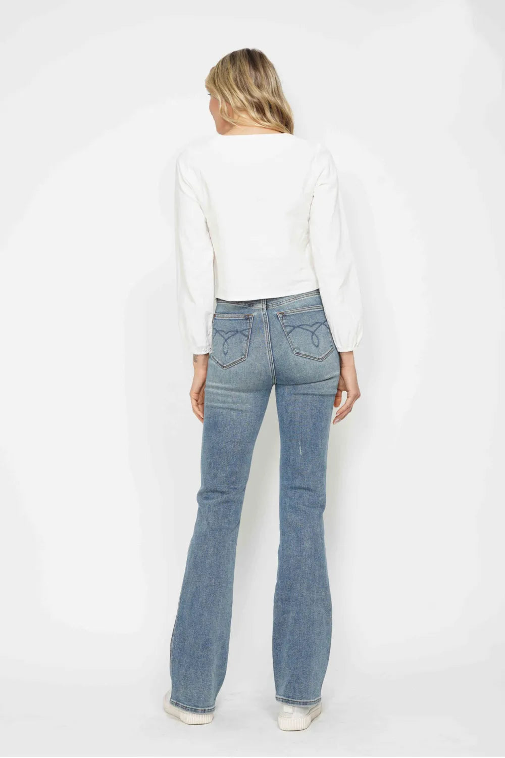 Image of Judy Blue Full Size Tummy Control Back Embroidered Pocketed Bootcut Jeans Plus Size | Queeble.shop