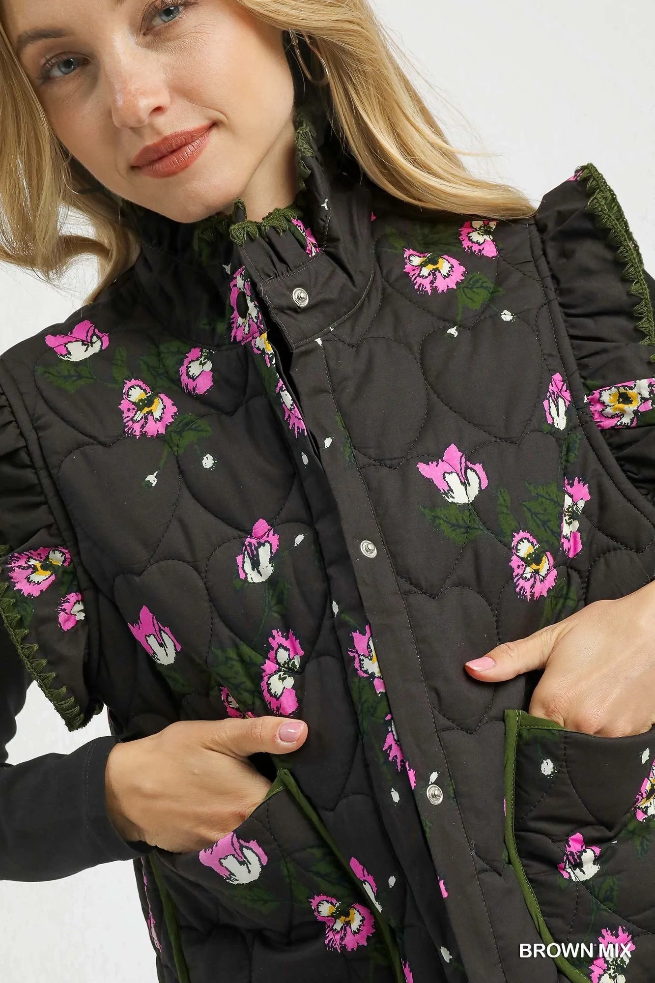 Image of Umgee Ruffled Quilted Floral Snap Down Vest | Queeble.shop