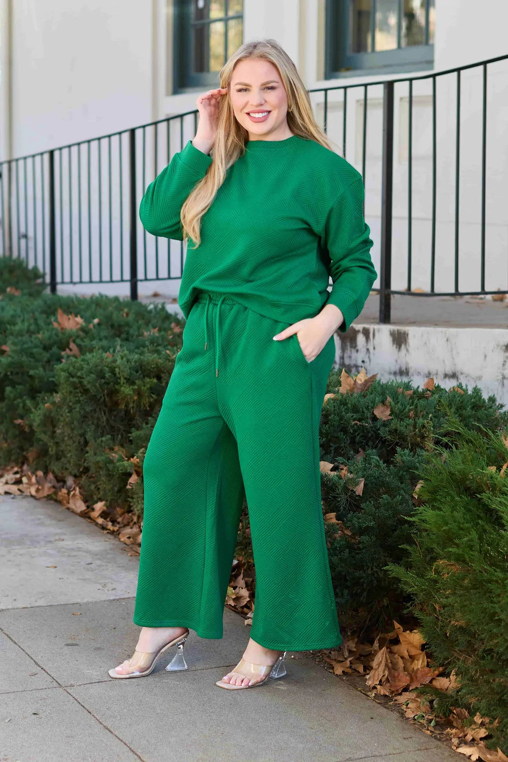 Image of Double Take Full Size Textured Long Sleeve Top and Drawstring Pants Set | Queeble.shop