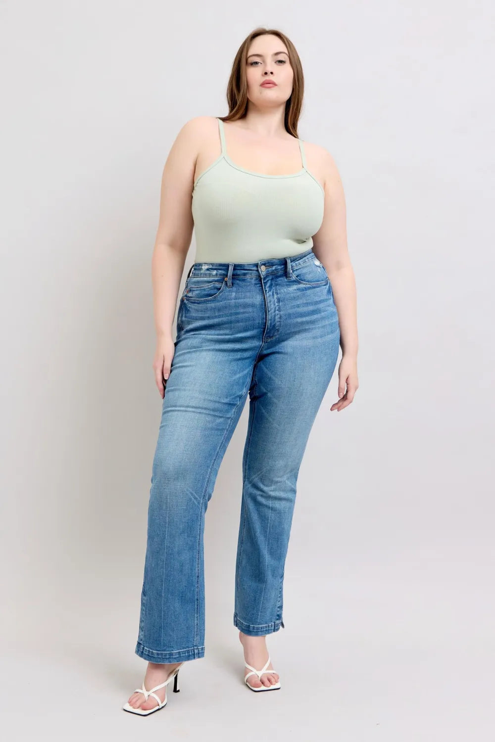 Image of Judy Blue HW Tummy Control Vintage Wash Side Slit Slim Boot Jeans | Queeble.shop
