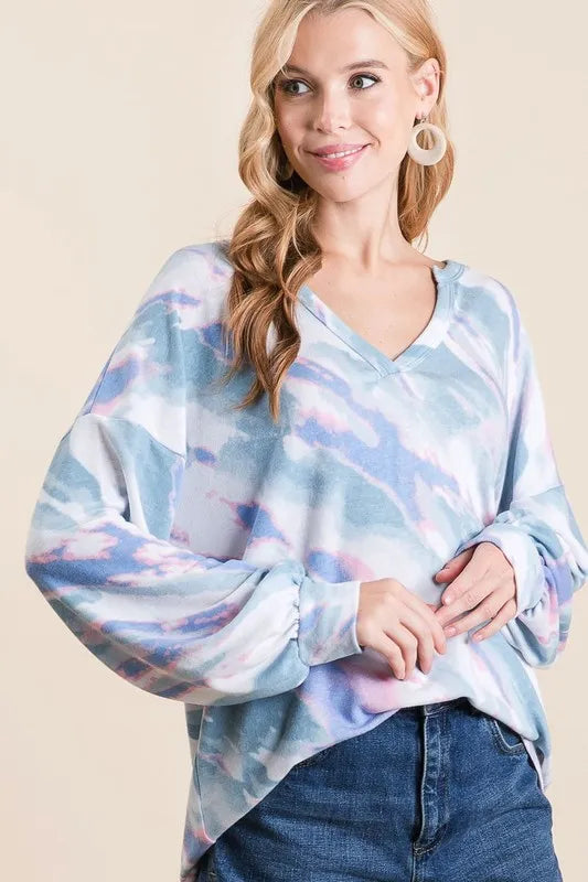Image of BiBi Tie Dye French Terry Top with Balloon Sleeves | Queeble.shop