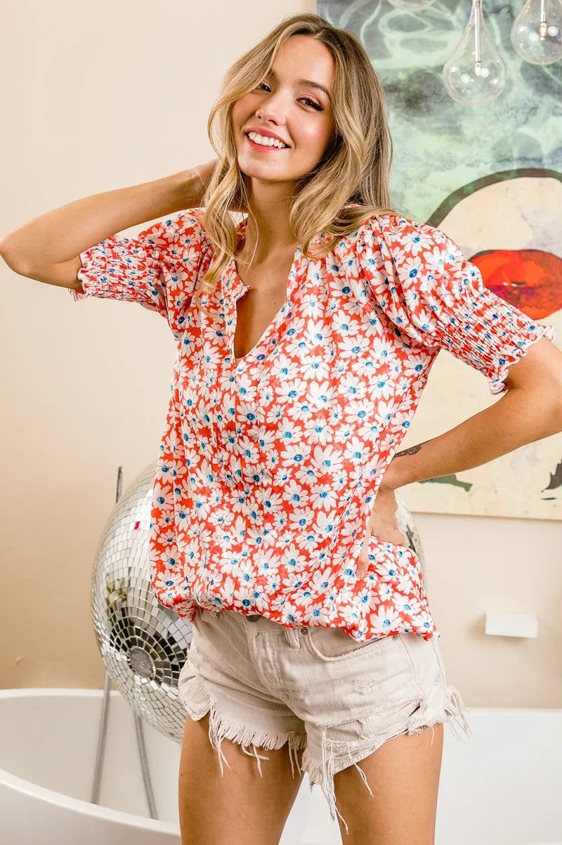 Image of BiBi Floral Jqd Smoked Puff Sleeves V Neck Top | Queeble.shop