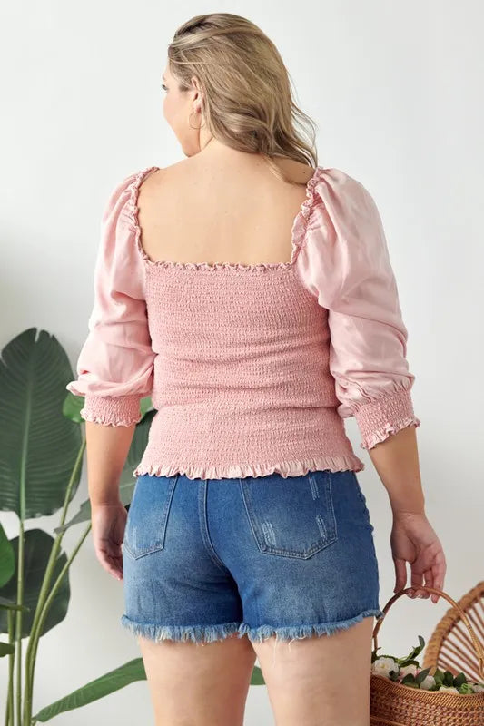 Image of GeeGee Full Size Ruffled Smocked Frill Square Neck Top Plus Size | Queeble.shop
