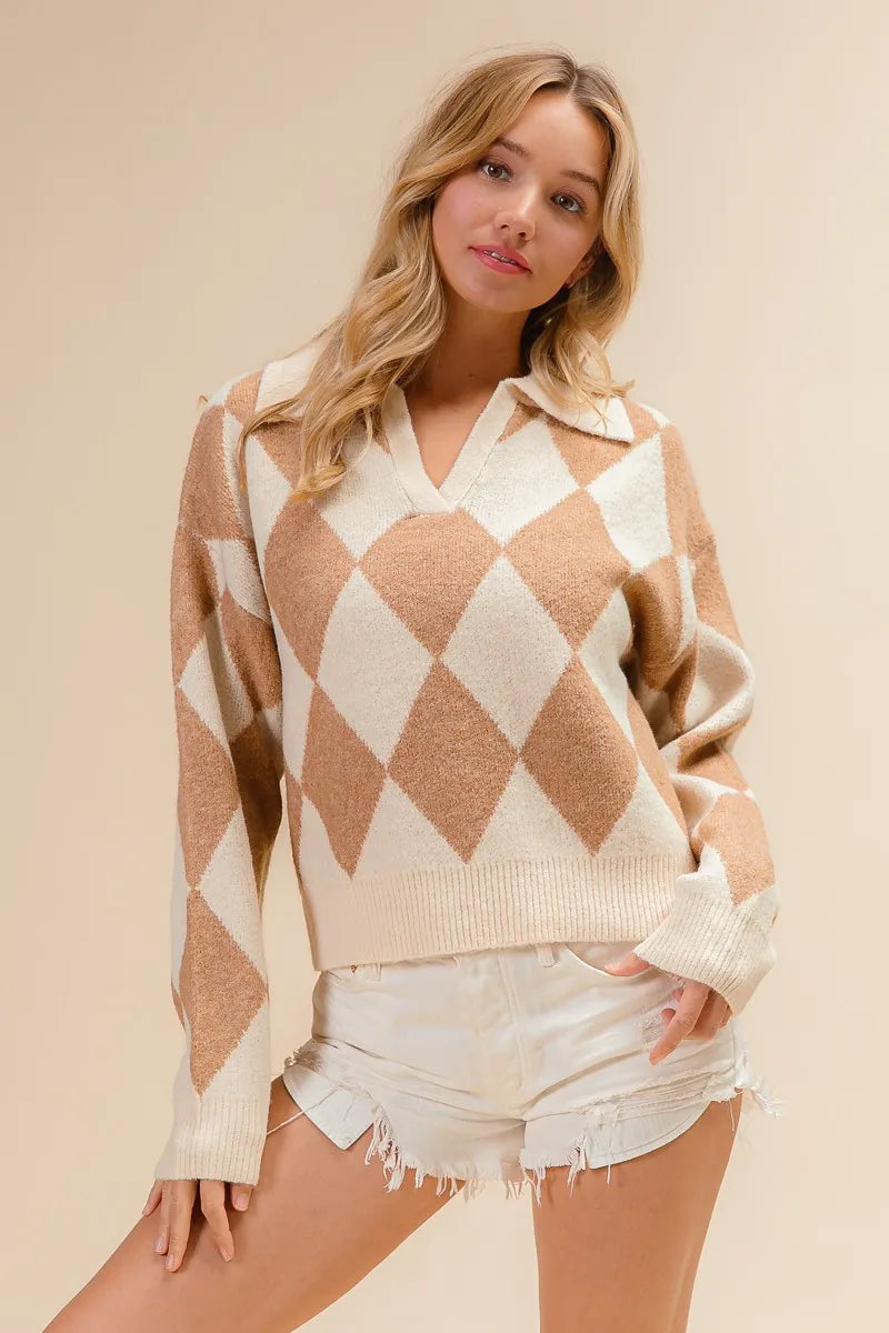Image of BiBi Diamond Pattern Collared Notch Neck Sweater | Queeble.shop