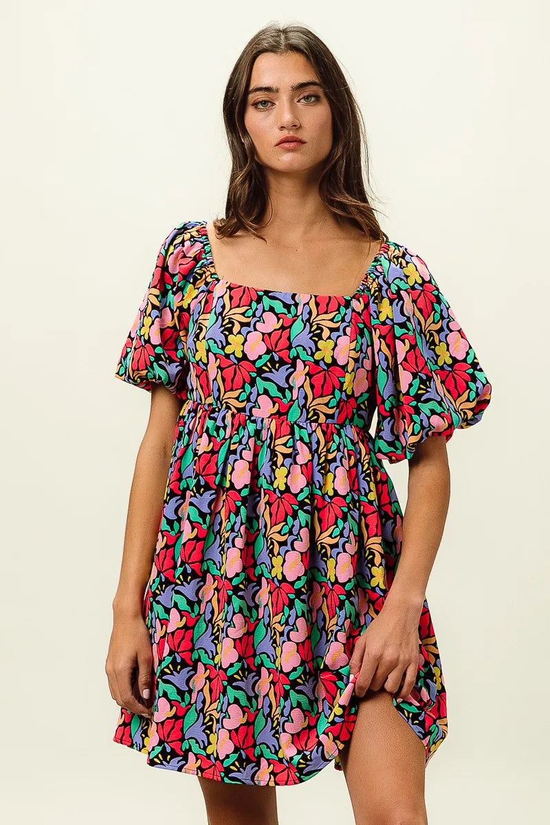 Image of BiBi Floral Print Puff Square Neck Dress | Queeble.shop
