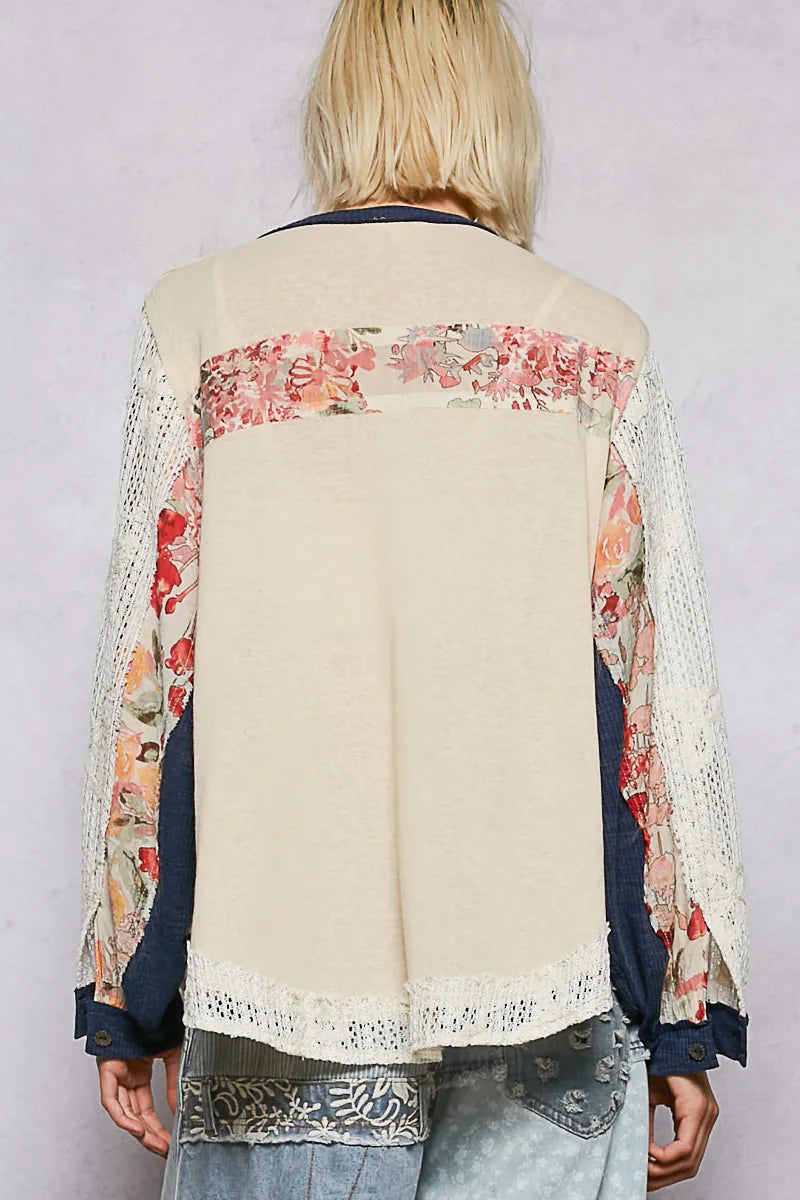 Image of POL Button Detail Floral Patchwork Crochet Sleeve Blouse | Queeble.shop
