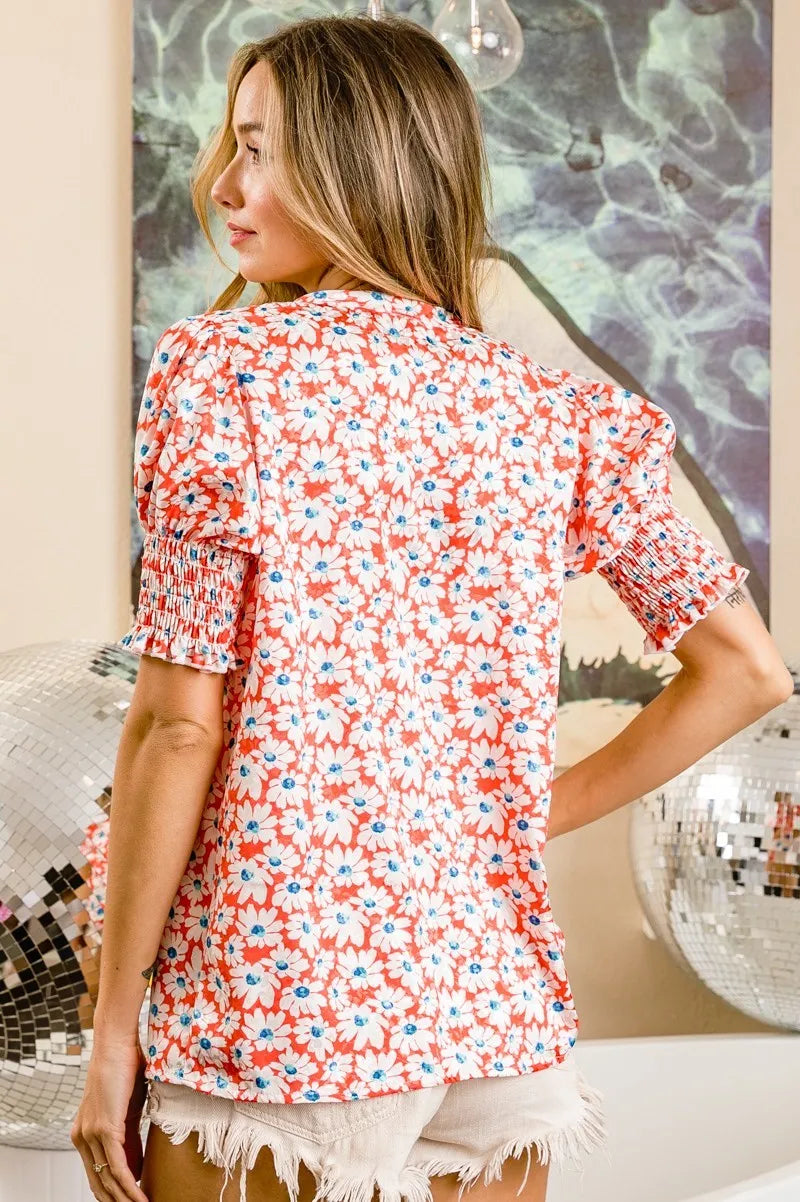 Image of BiBi Floral Jqd Smoked Puff Sleeves V Neck Top | Queeble.shop