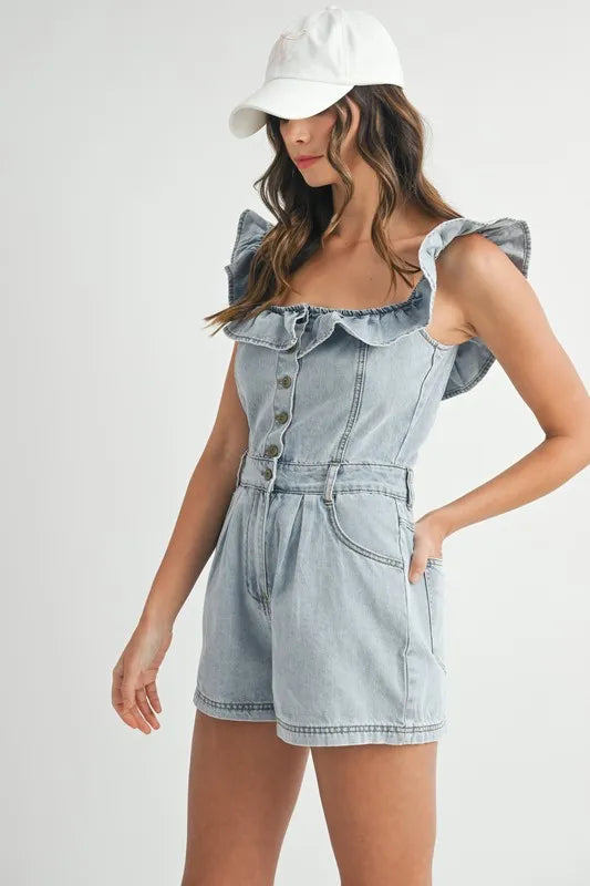 Image of MABLE Off Shoulder Ruffle Detail Denim Romper | Queeble.shop