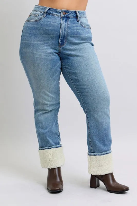 Image of Judy Blue Full Size High Waist Shearling Cuff Straight Plus Size | Queeble.shop