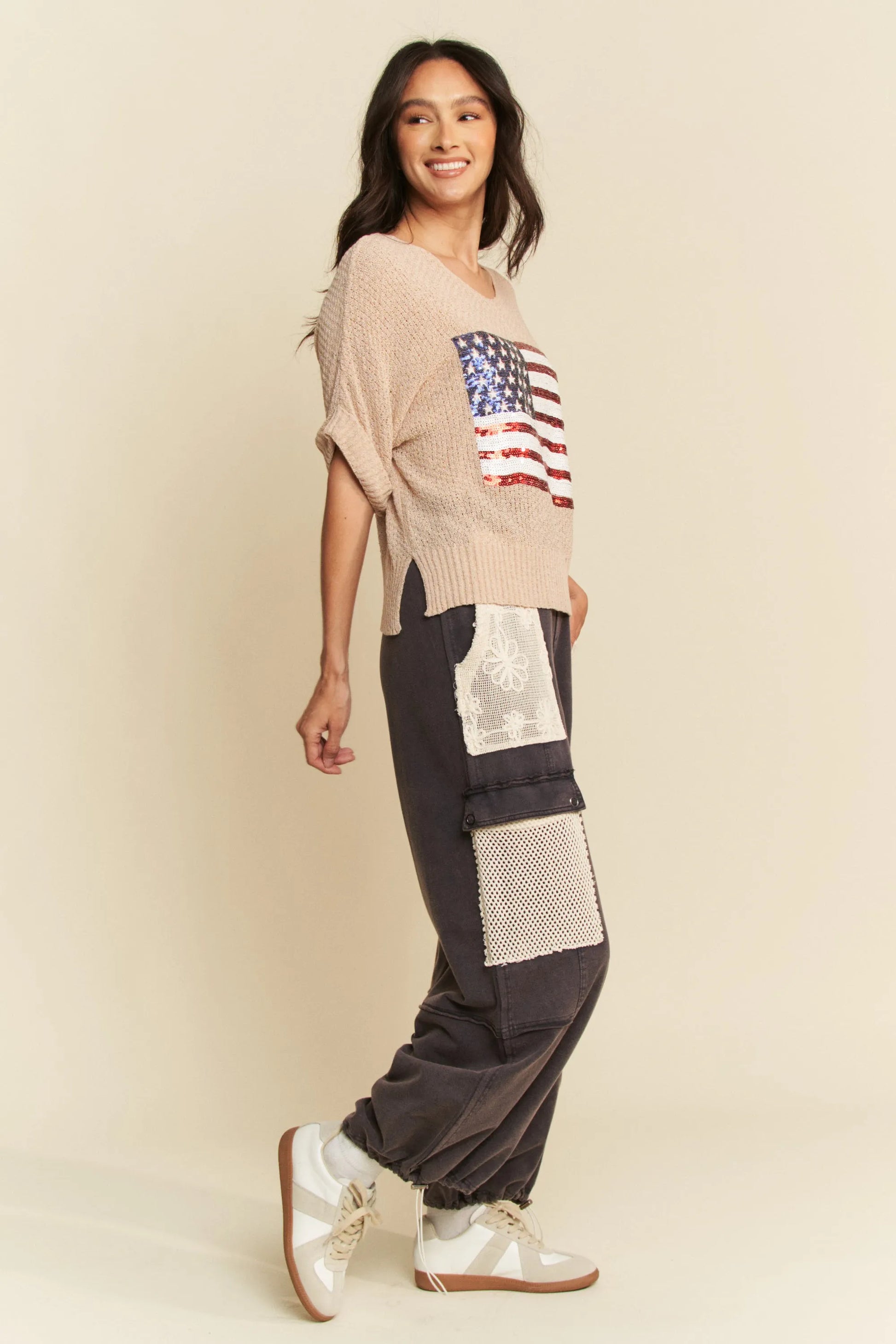 Image of Davi & Dani Sequin American Flag Patch Short Sleeve Knit Top | Queeble.shop
