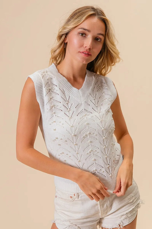 Image of BiBi Chevron Pointelle Pearl Knit Top | Queeble.shop