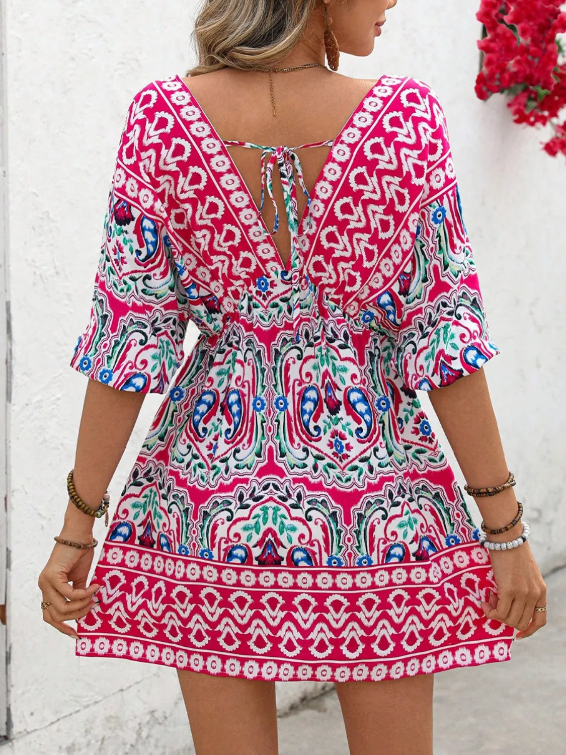 Image of Printed Tie Back Half Sleeve Mini Dress | Queeble.shop