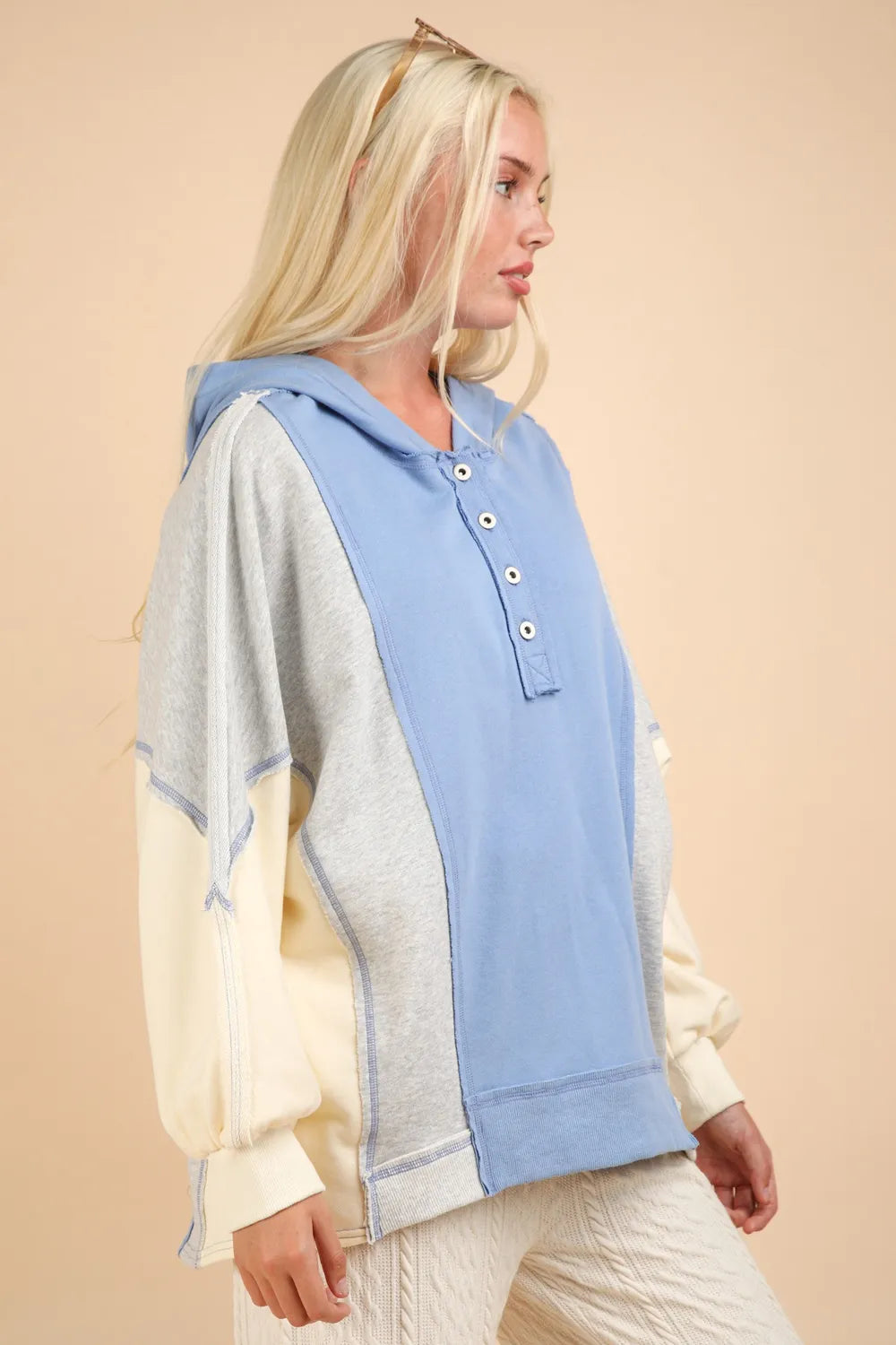 Image of VERY J Exposed Seam Color Block Half Button Hoodie | Queeble.shop