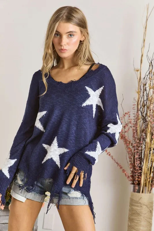 Image of ADORA Distressed Star Sweater Top | Queeble.shop