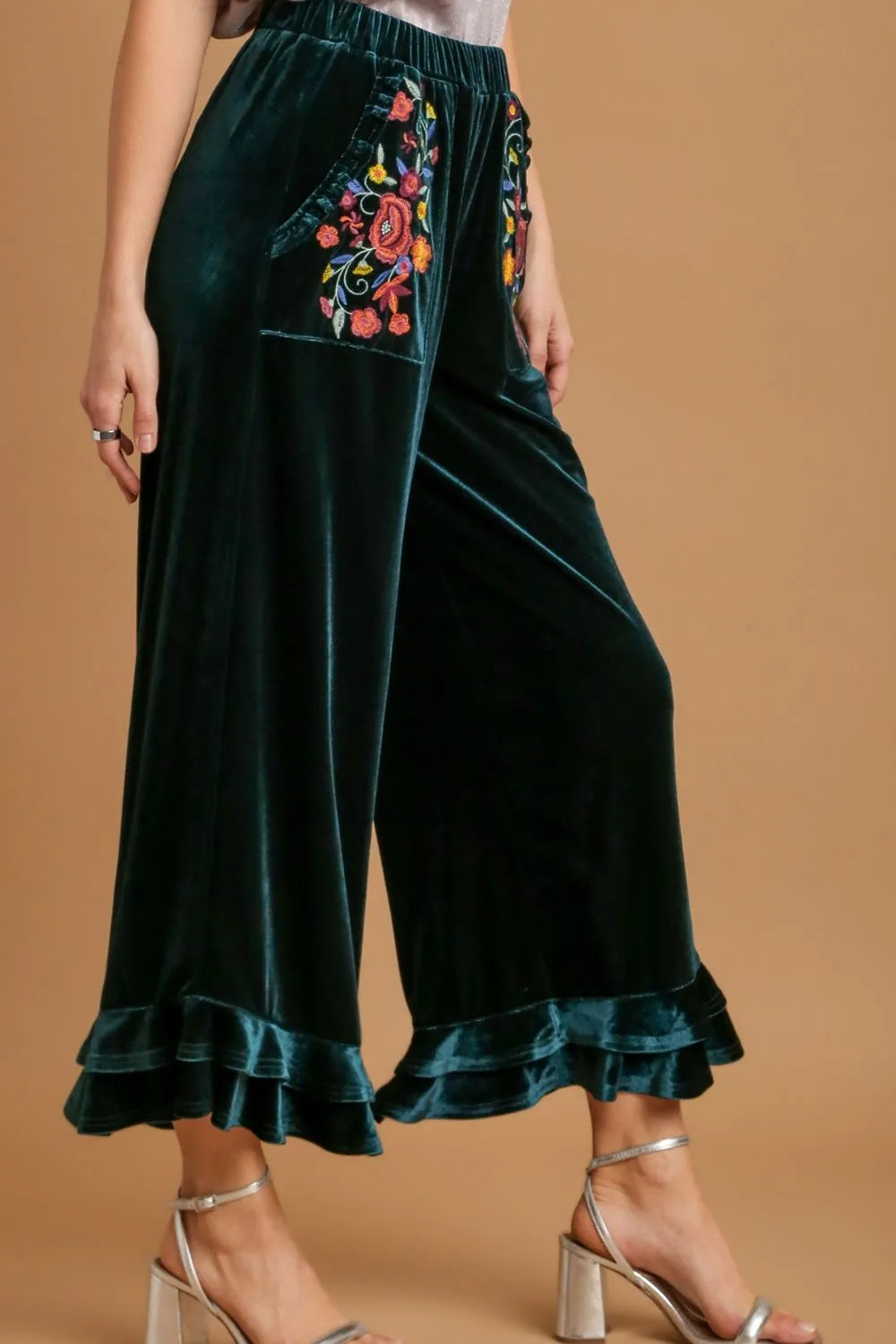 Image of Umgee Full Size Wide Fit Ruffle Velvet Pants with Embroidered Pockets Plus Size | Queeble.shop