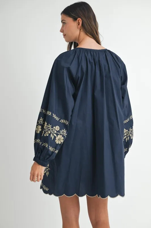 Image of MABLE Embroidered Long Sleeve Peasant Mini Dress | Queeble.shop