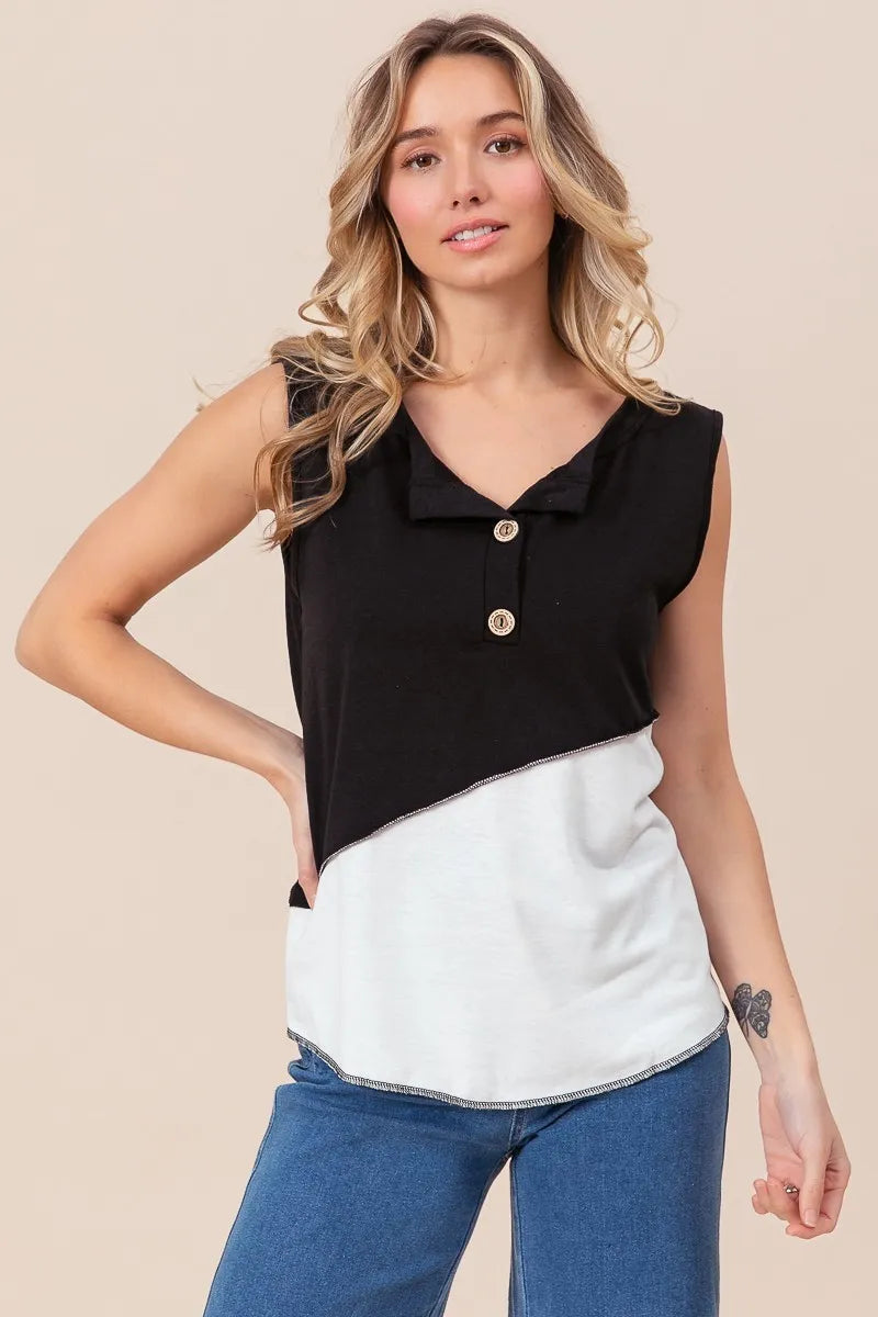Image of BiBi Color Block Contrast Stitching Buttoned Henley Top | Queeble.shop