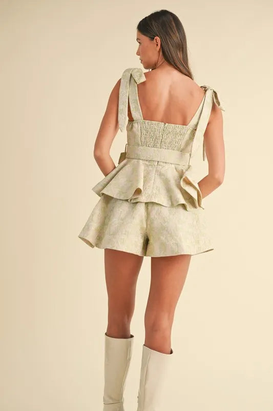 Image of MABLE Jacquard Floral Peplum Top and Flare Shorts Set | Queeble.shop